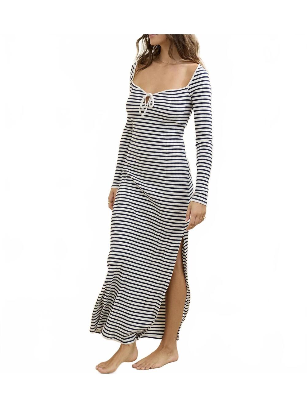 AE Aerie Long Sleeve Knit Tie Front Maxi Dress American Eagle Navy White NWT L